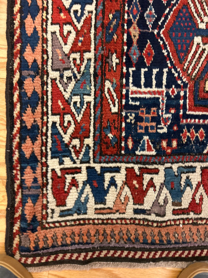 Antique Russian Kazak Runner, 3'8" x 10'8", in ivory, navy, red and rust - photo 3