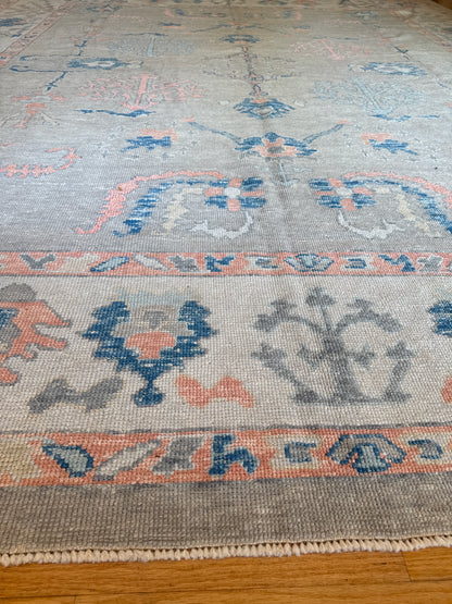 Turkish Oushak Rug, 11'3" x 13'9", in blue, cream, peach and pink - photo 7