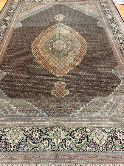 Vintage Persian Tabriz Rug with Silk, 12'11" x 19'11", in black, cocoa, salmon and sea moss