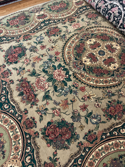 Pakistani Lavar Rug, 9' x 12'1", in green, ivory, khaki and rose - photo 3