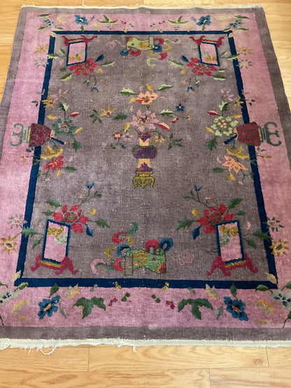 Antique Sino Chinese Deco Rug, 4'5" x 5'6", in grey, navy, pink and red - photo 2