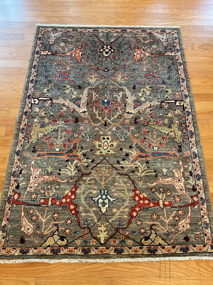 Afghan Bidjar Rug, 4'1" x 5'11", in grey, navy, peach and red