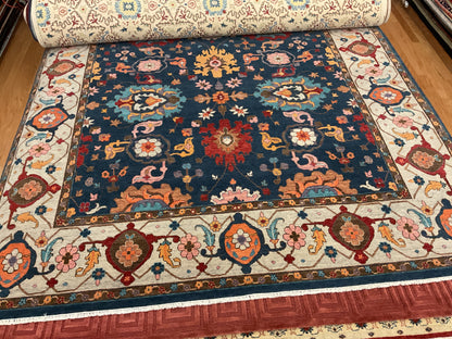 Indian Serapi Rug, 9'1" x 12', in ivory, navy, orange and pink