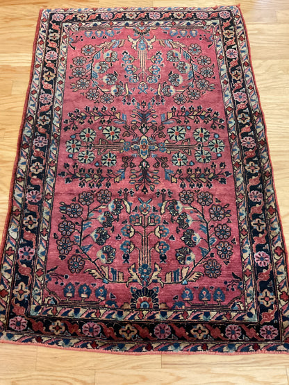 Antique Persian Sarouk Rug, 3'4" x 4'11", in baby blue, navy and rose
