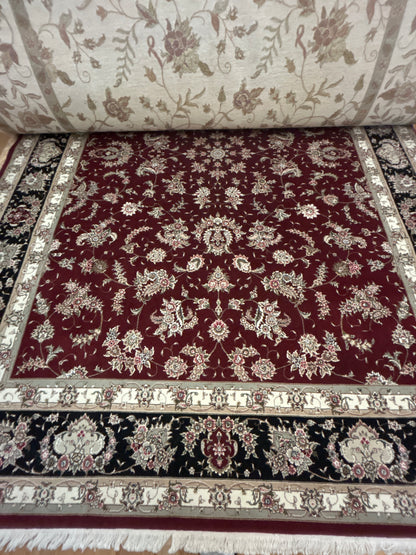 Indian Kashan Rug, 8'9" x 11'9", in beige, black, burgundy and ivory