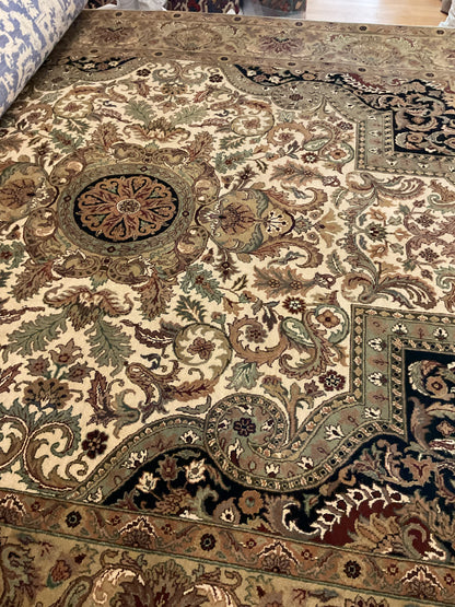 Indian Agra Jaipur Rug, 8'2" x 10', in black, ivory, olive and tan