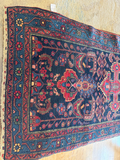 Antique Persian Mehraban Runner, 3'4" x 14'3", in navy, red and teal - photo 2