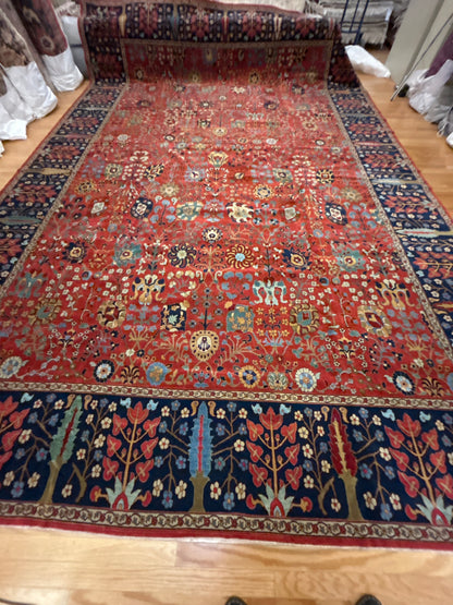 Turkish Mohal Rug, 13'5" x 19'5", in blue, gold, navy and red
