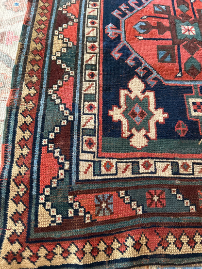 Antique Russian Kazak Runner, 3'1" x 11'3", in green, ivory, navy and red - photo 2