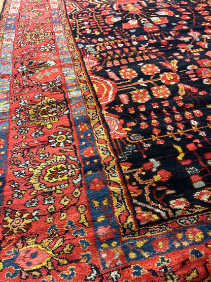 Antique Persian Mehraban Rug, 12'6" x 25', in navy, pink and red - photo 4