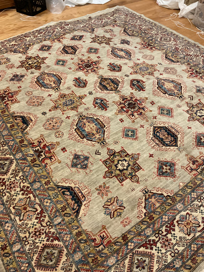 Afghan Kazak Rug, 9'6" x 9'9", in beige, grey, navy and red - photo 3