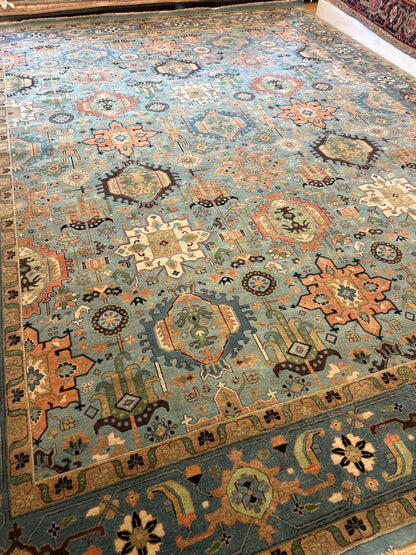 Indian Serapi Rug, 12'2" x 15'9", in baby blue, ivory, salmon and teal - photo 3