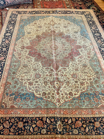 Antique Persian Mohtasham Rug, 8' x 10', in ivory, navy, red and teal