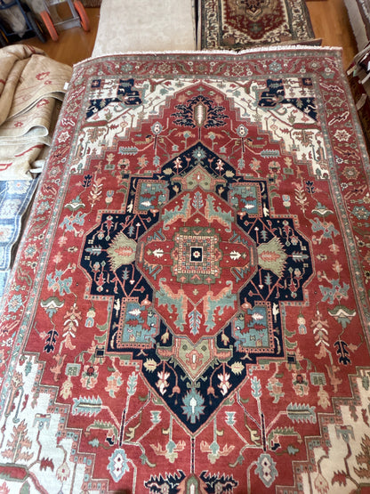 Indian Serapi Rug, 5'10" x 8'11", in ivory, navy, rust and teal - photo 2