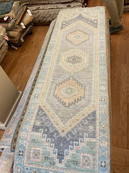 Afghan Oushak Runner, 2' x 6'5", in baby blue, beige, blue and grey