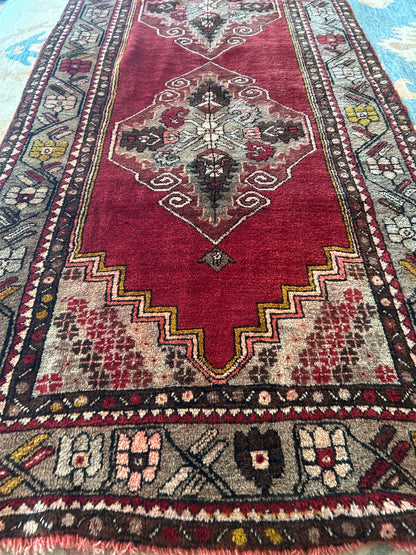 Vintage Turkish Anatolian Runner, 3'3" x 10'5", in brown, grey, ivory and red