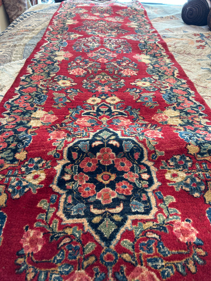 Antique Persian Sarouk Runner, 2'9" x 15'2", in ivory, navy, pink and red