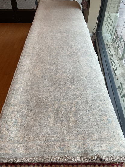 Pakistani Peshawar Runner, 2'9" x 9'8", in baby blue, beige, grey and peach