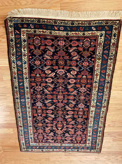 Antique Persian Kurdish Hamadan Rug, 3'5" x 5', in blue, ivory, navy and rust - photo 3