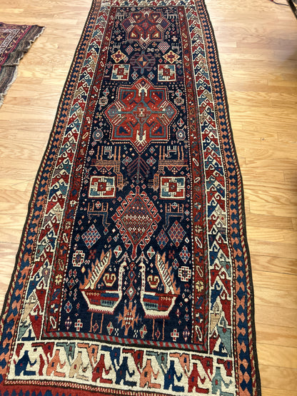 Antique Russian Kazak Runner, 3'8" x 10'8", in ivory, navy, red and rust