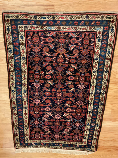 Antique Persian Kurdish Hamadan Rug, 3'5" x 5', in blue, ivory, navy and rust