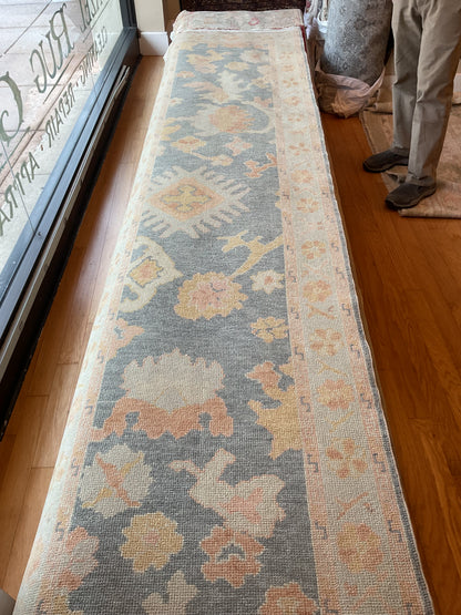 Turkish Oushak Runner, 3'1" x 11'9", in baby blue, ivory and peach - photo 4