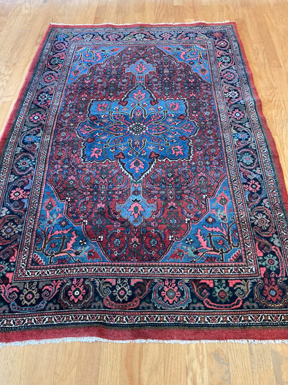 Antique Persian Bidjar Rug, 4'7" x 7', in blue, navy, pink and red