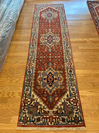 Indian Heriz Runner, 2'7" x 9'10", in ivory, navy, rust and teal