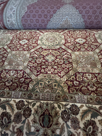 Indian Agra Jaipur Rug, 8'1" x 9'10", in burgundy, green and ivory