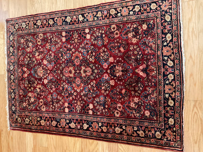 Antique Persian Sarouk Rug, 3'3" x 4'8", in ivory, navy, red and salmon