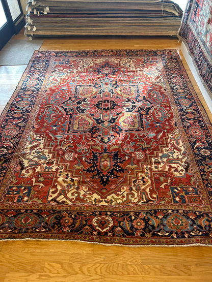 Persian Heriz Rug, 9'9" x 12'9", in blue, ivory, navy and red