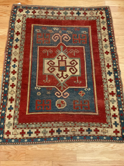 Antique Russian Kazak Rug, 3'7" x 4'5", in blue, ivory and red