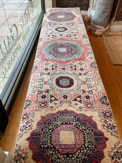 Afghan Mamluk Runner, 2'8" x 11'4", in beige, blue, burgundy and navy - photo 4