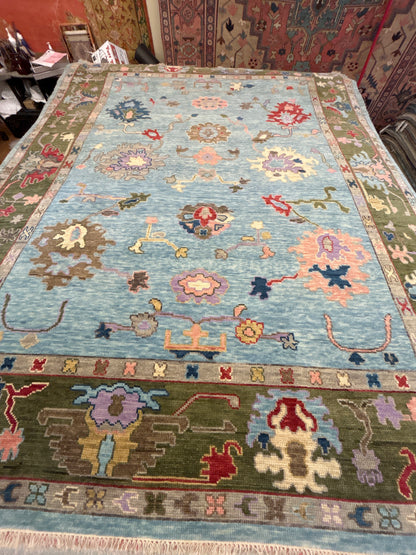 Indian Oushak Rug, 7'10" x 9'11", in baby blue, olive, pink and red