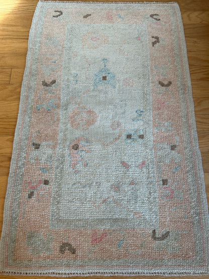 Turkish Oushak Rug, 2'3" x 3'7", in cream, peach, pink and teal