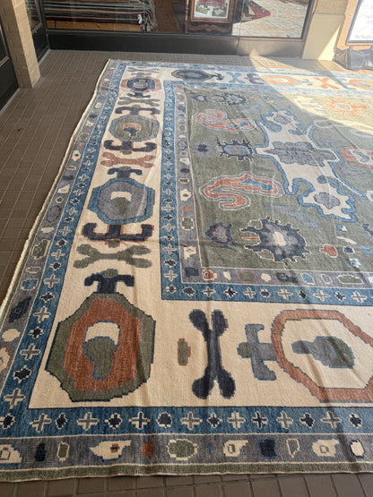 Turkish Oushak Rug, 16'4" x 21', in blue, green, ivory and rust - photo 9