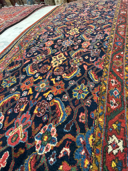 Antique Persian Kurdish Runner, 3'4" x 10', in blue, gold, navy and red