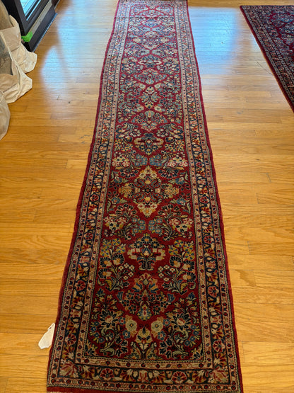 Antique Persian Sarouk Runner, 2'5" x 12'3", in blue, gold, ivory and red