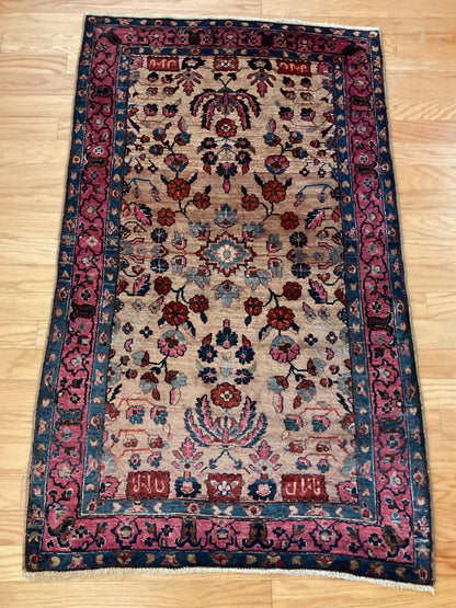 Antique Persian Sarouk Rug, 3'1" x 5', in navy, pink, red and tan
