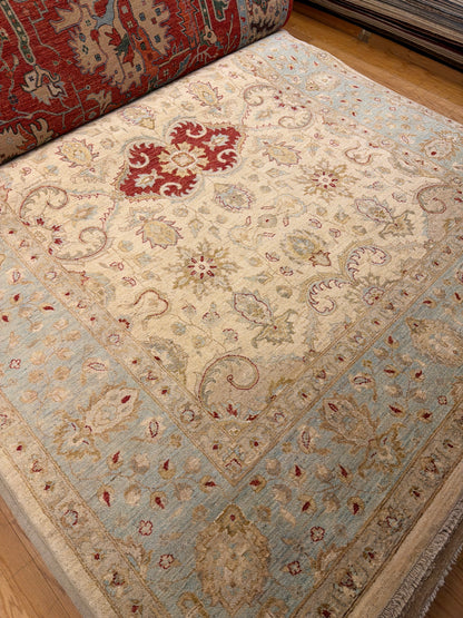 Pakistani Peshawar Rug, 8'1" x 10'3", in baby blue, ivory and red - photo 5