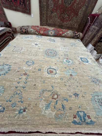 Indian Mohal Rug, 8' x 9'10", in baby blue, beige, blue and ivory