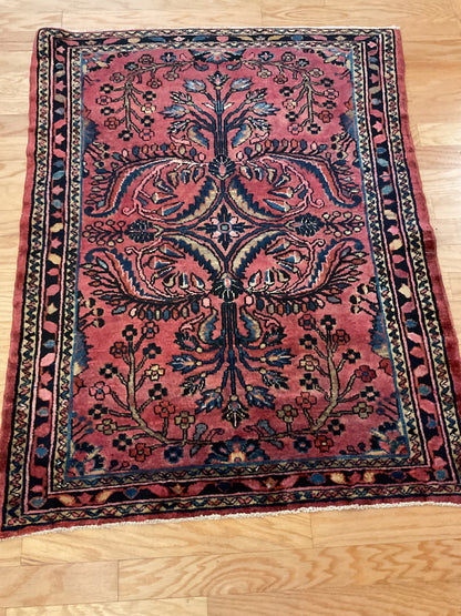 Antique Persian Lilian Rug, 3'5" x 4'5", in blue, navy, red and rose