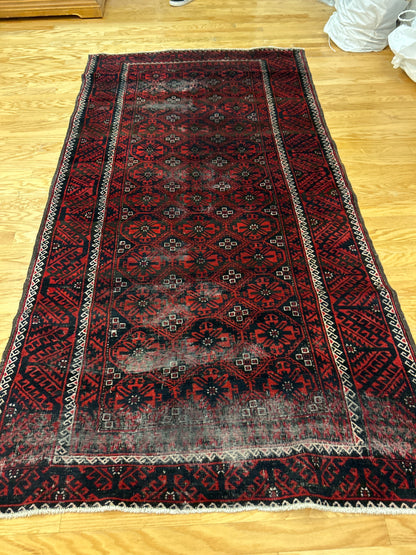 Vintage Afghan Turkman Runner, 5' x 9'6", in black, ivory and red