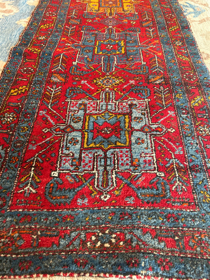 Antique Persian Karajh Runner, 3'2" x 10'7", in gold, ivory, red and teal