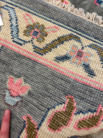 Indian Oushak Rug, 8'11" x 11'10", in baby blue, charcoal, gold and pink - photo 3