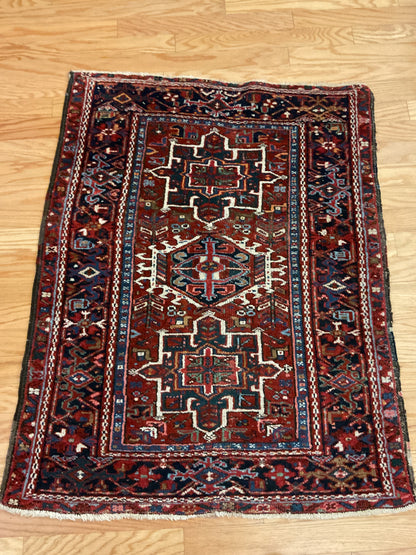 Antique Persian Karajh Rug, 3'3" x 4'9", in ivory, navy and rust