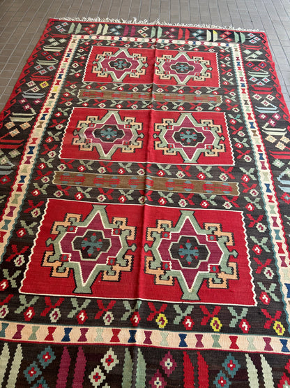 Vintage Turkish Bessarabian Kilim, 6'10" x 10', in charcoal, green, ivory and red - photo 5