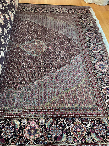 Sino Tabriz Rug with Silk, 10' x 14', in black, ivory, pink and plum
