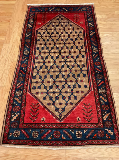 Antique Persian Kurdish Rug, 3'8" x 6'9", in camel, navy and red - photo 4