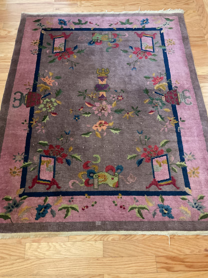 Antique Sino Chinese Deco Rug, 4'5" x 5'6", in grey, navy, pink and red
